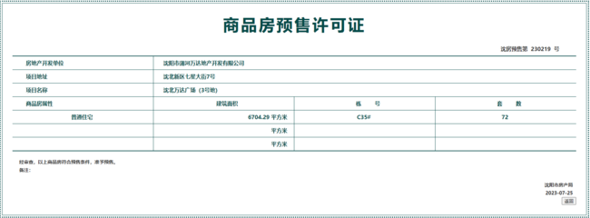 拿证速递|万达·盛京one获预售许可 共计72套房源